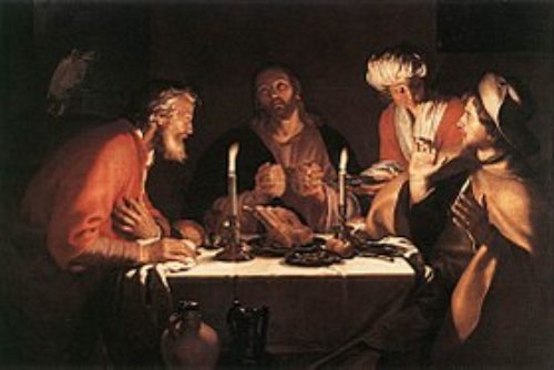 Szene des Evangeliums vom Ostermontag: Die beiden Jünger erkennen Jesus beim Brechen des Brotes in Emmaus (Ölgemälde von Abraham Bloemaert, 1622) (© Foto: Textquelle: https://de.wikipedia.org/wiki/Ostermontag)