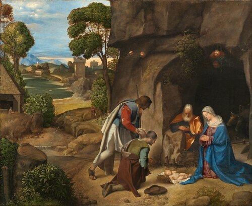 Giorgione – Anbetung der Hirten (um 1505/10) (aus Wikipedia). Giorgione – Anbetung der Hirten (um 1505/10) (aus Wikipedia).