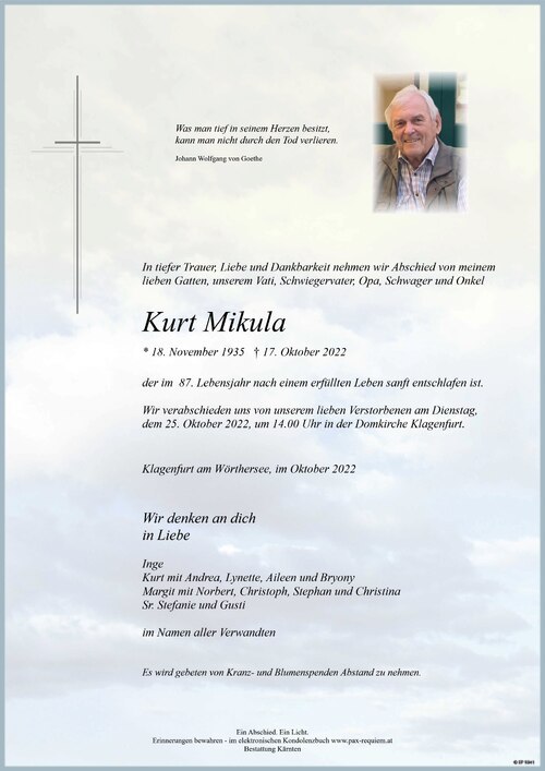 Kurt Mikula ist im Alter von 87 Jahren verstorben.