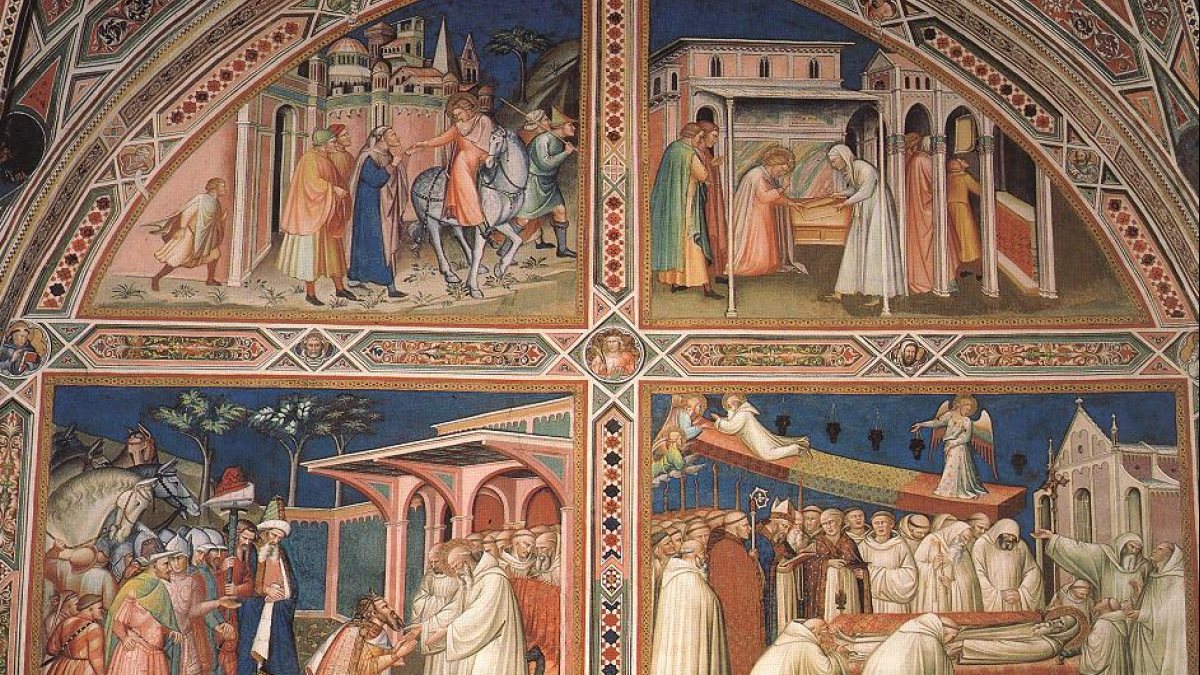 Geschichten aus der Legende von Benedikt, Fresko in der Kirche S. Miniato al Monte in Florenz, 1387 (Joachim Schäfer - <a href="www.heiligenlexikon.de">Ökumenisches Heiligenlexikon</a>)