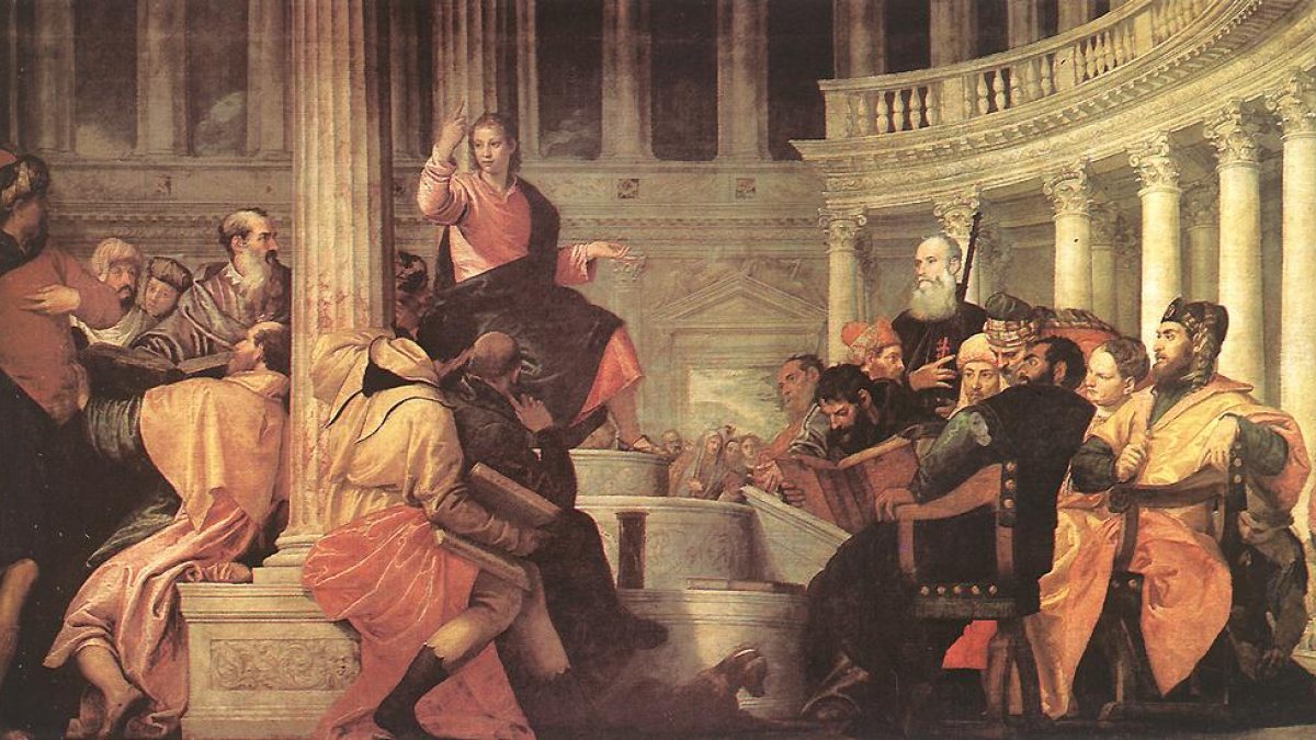 Jesus unter den Gelehrten im Tempel, Gemälde von Paolo Verenese im Nationalmuseum del Prado in Madrid. (zwecklos.

Als Quelle können Sie angeben: Joachim Schäfer - Ökumenisches Heiligenlexikon. 
zum Kopieren: 
Joachim Schäfer - <a href="www.heiligenlexikon.de">Ökumenisches Heiligenlexikon</a>)