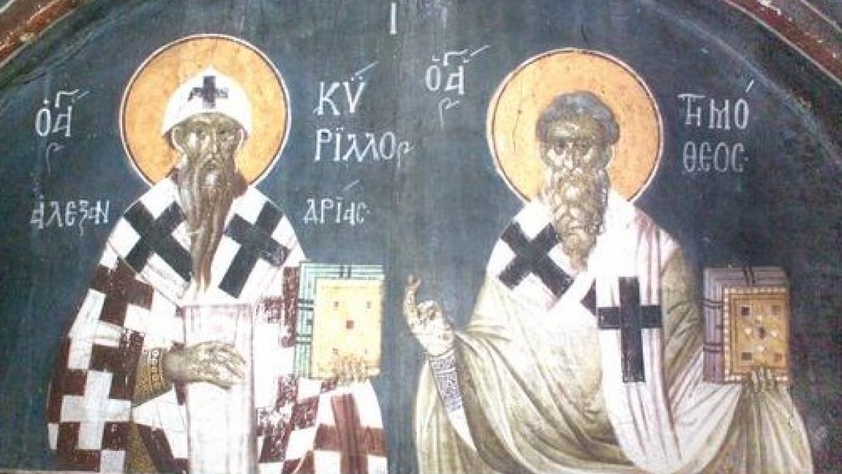 Timotheus (rechts) mit Cyrill von Alexandria, Fresko im Kloster Gracanica im Kosovo. (Joachim Schäfer - <a href="www.heiligenlexikon.de">Ökumenisches Heiligenlexikon</a>)